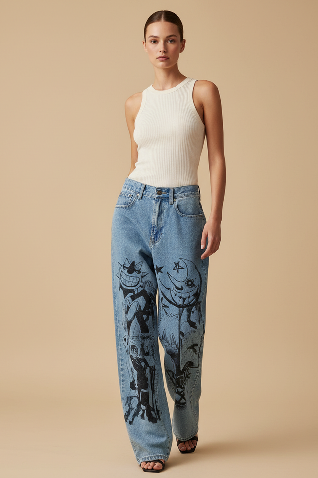 Pantalon Baggy Jean Clair Ample Imprimé Manga Streetwear - Bleu