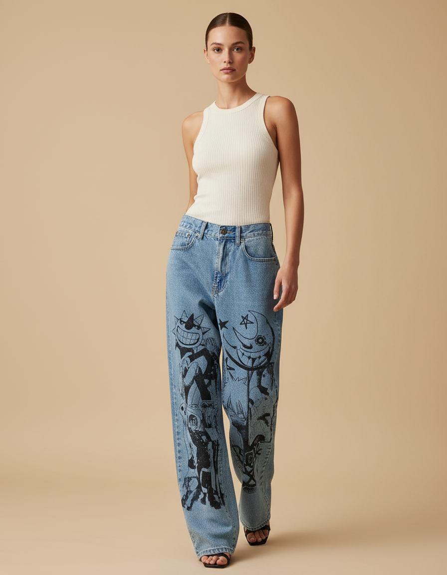 Pantalon Baggy Jean Clair Ample Imprimé Manga Streetwear - Bleu