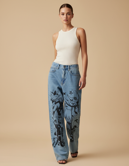 Pantalon Baggy Jean Clair Ample Imprimé Manga Streetwear - Bleu