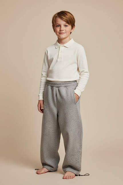 Pantalon Baggy Gris Ample Brodé Décontracté Coton Enfant - Molleton