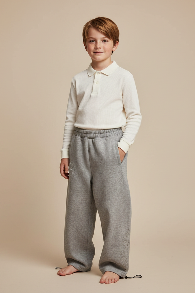 Pantalon Baggy Gris Ample Brodé Décontracté Coton Enfant - Molleton