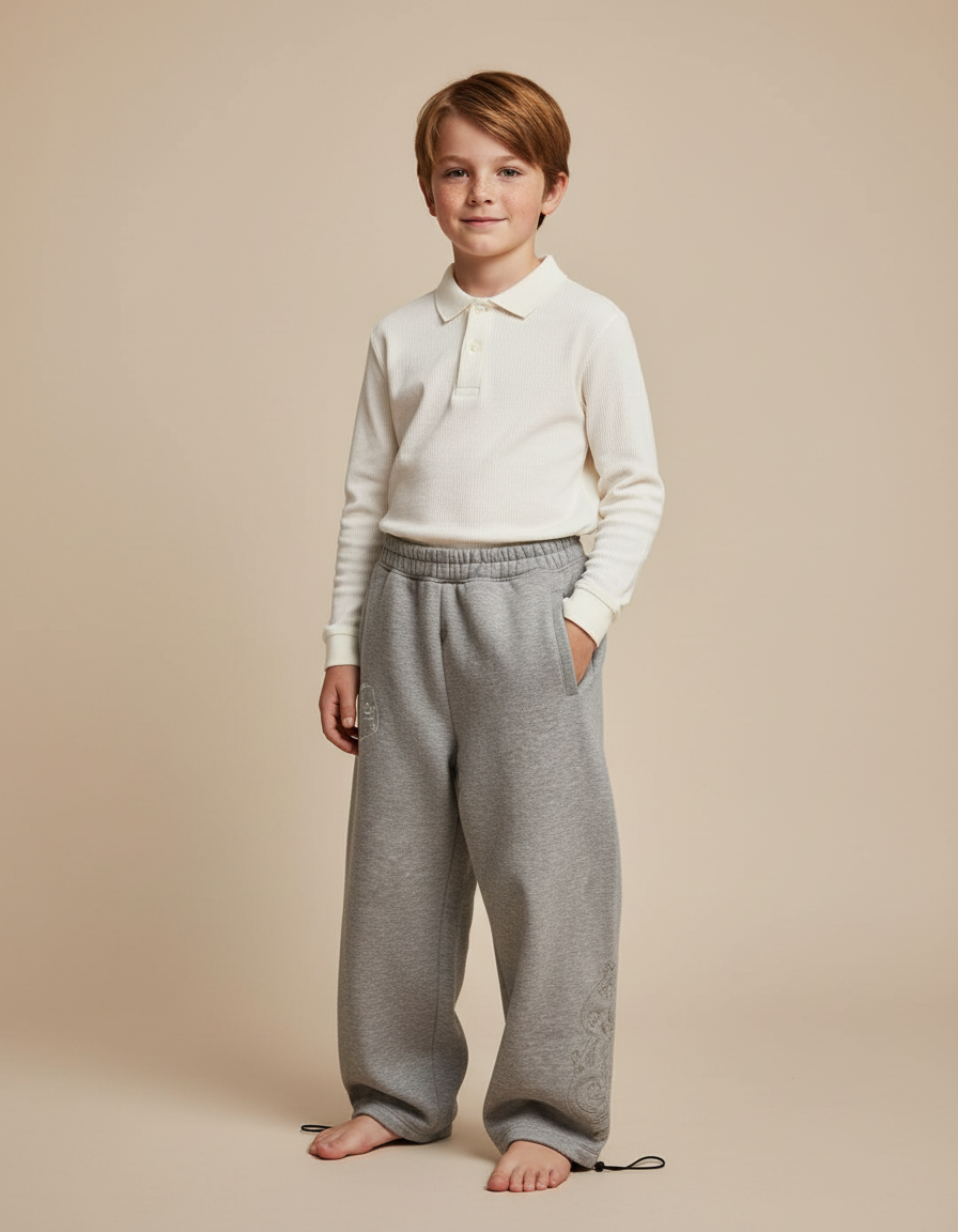 Pantalon Baggy Gris Ample Brodé Décontracté Coton Enfant - Molleton