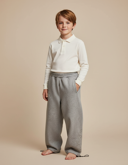 Pantalon Baggy Gris Ample Brodé Décontracté Coton Enfant - Molleton