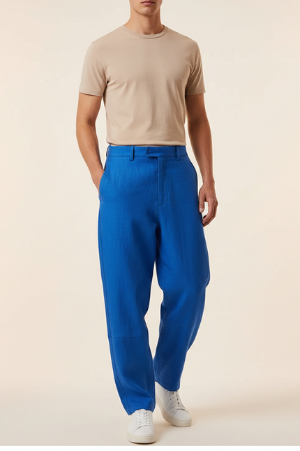 Pantalon Baggy Bleu Roi Lin Ample Décontracté Homme