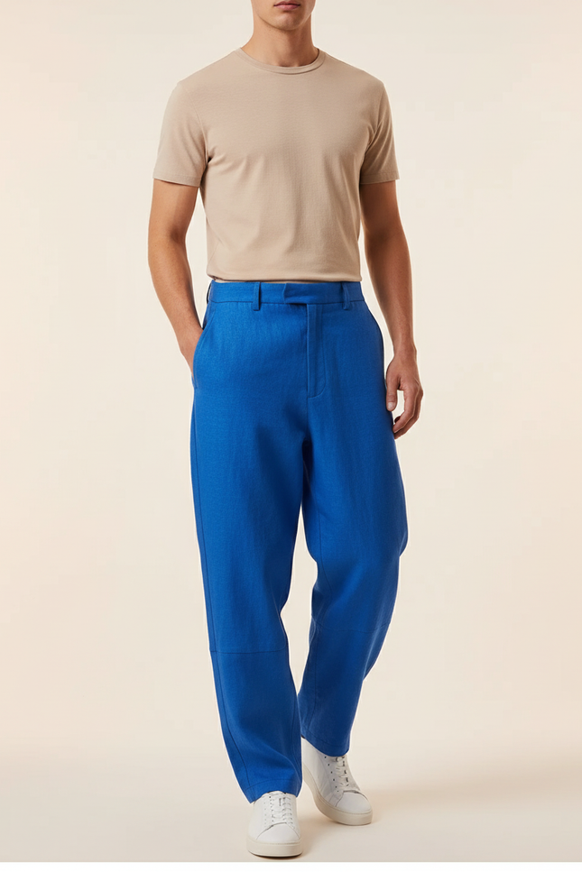Pantalon Baggy Bleu Roi Lin Ample Décontracté Homme