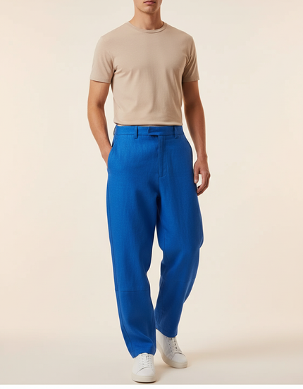 Pantalon Baggy Bleu Roi Lin Ample Décontracté Homme