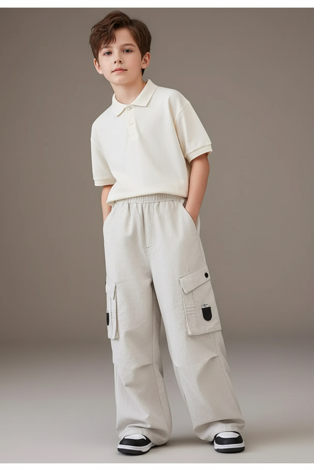 Pantalon Baggy Garçon Beige Cargo - Toile