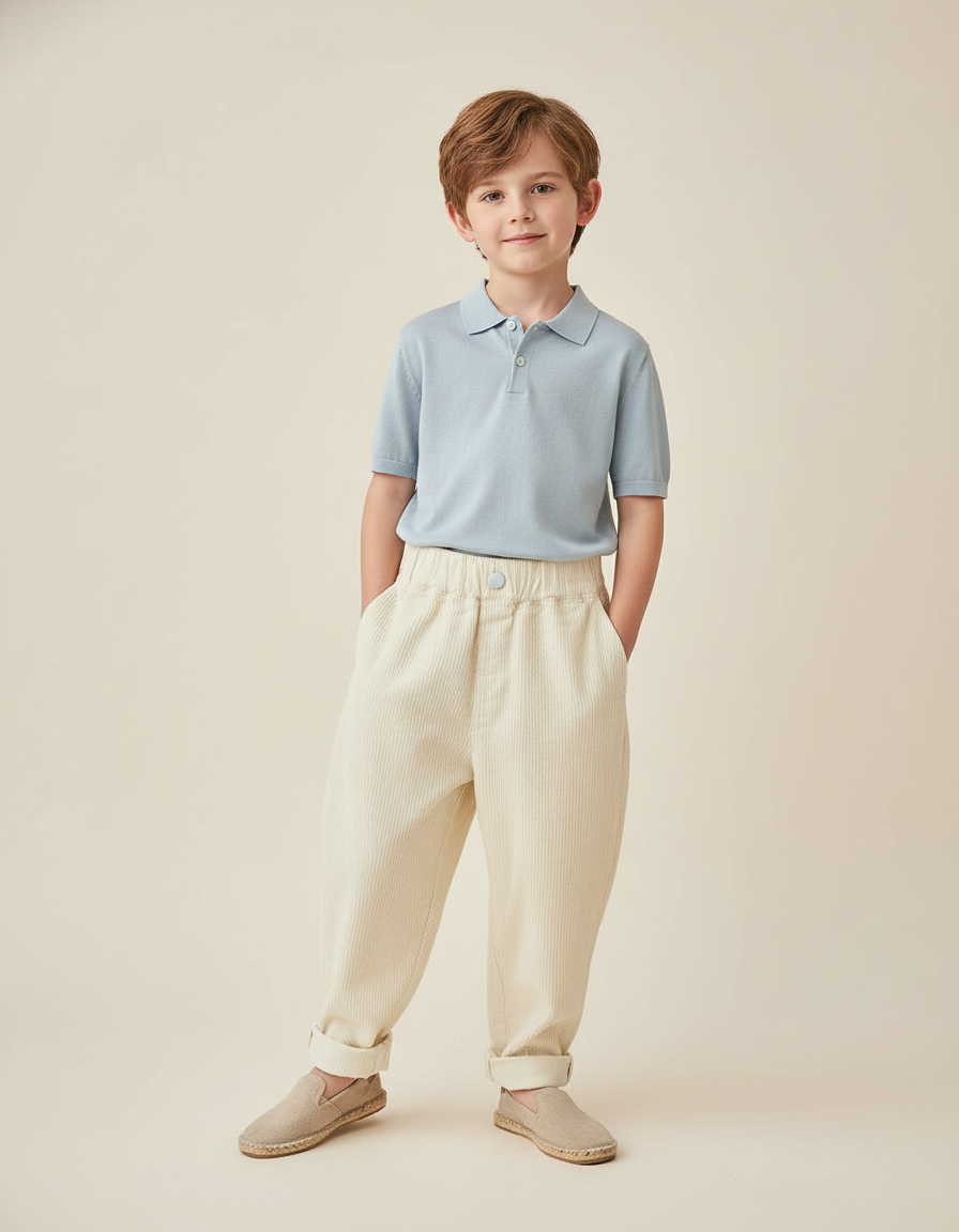 Pantalon Baggy Velours Côtelé Écru Ample Enfant - Beige Cordé
