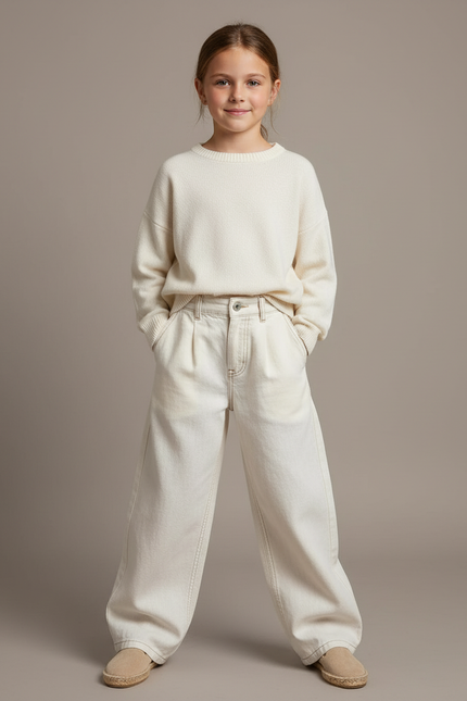 Pantalon Baggy Crème Ample Plissé Enfant Décontracté - Beige Jean