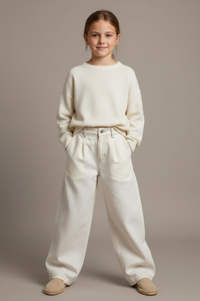 Pantalon Baggy Crème Ample Plissé Enfant Décontracté - Beige Jean