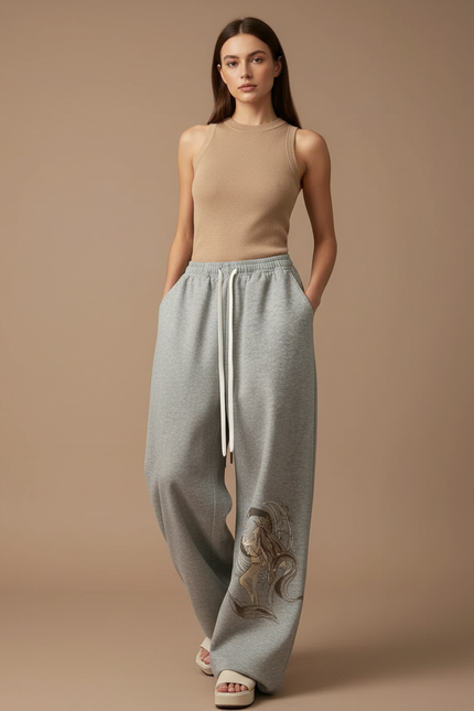 Pantalon Baggy Gris Ample Imprimé Streetwear Cordon - Molleton