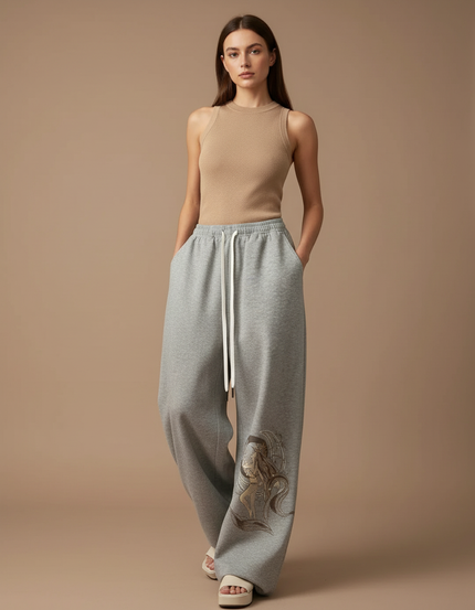 Pantalon Baggy Gris Ample Imprimé Streetwear Cordon - Molleton