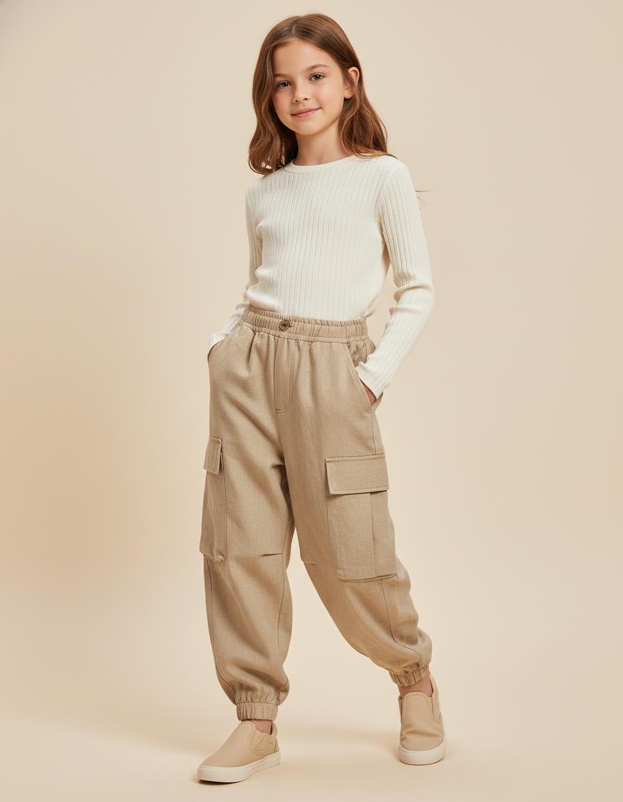 Pantalon Baggy Beige Cargo Ample Confortable Enfant - Tweed