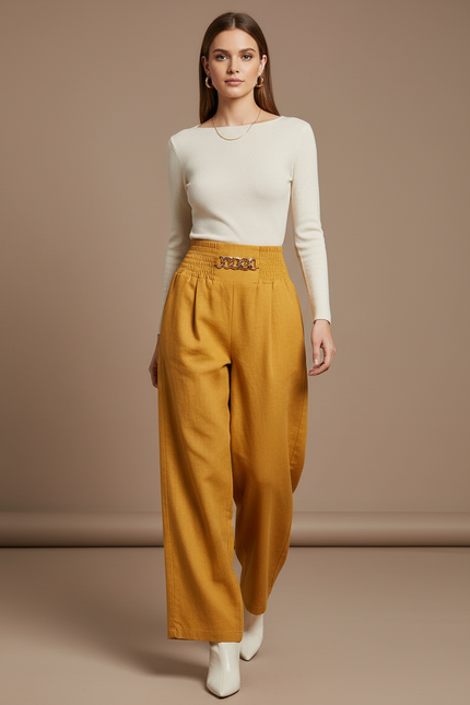 Pantalon Baggy Jaune Moutarde Lin Chaîne Élastique Fluide Élégant
