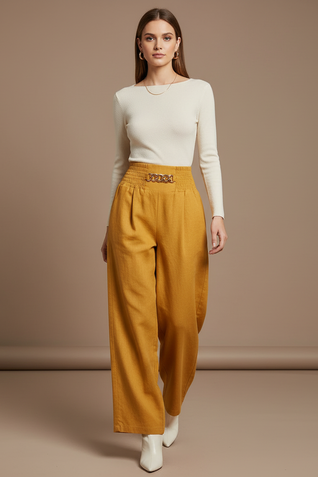 Pantalon Baggy Jaune Moutarde Lin Chaîne Élastique Fluide Élégant