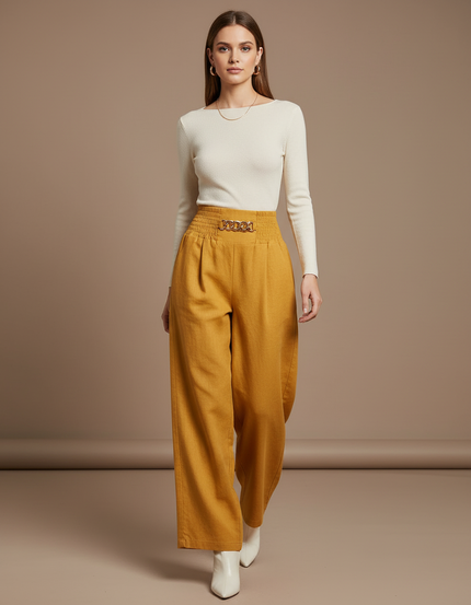 Pantalon Baggy Jaune Moutarde Lin Chaîne Élastique Fluide Élégant