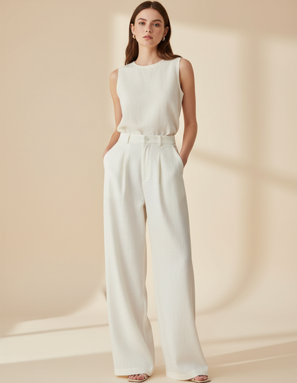Pantalon Baggy Blanc Cassé Fluide Élégant Femme Chic - Lin