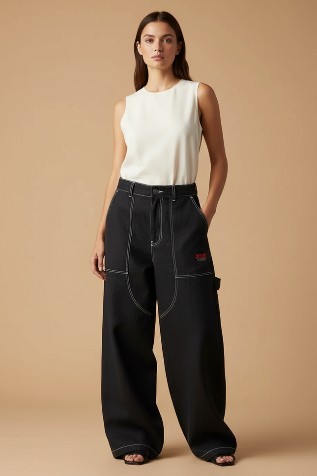 Pantalon Baggy Noir Denim Large Surpiqûres Contrastées - Jean