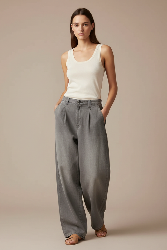 Pantalon Baggy Gris Délavé Ample Plissé Taille Haute - Jean
