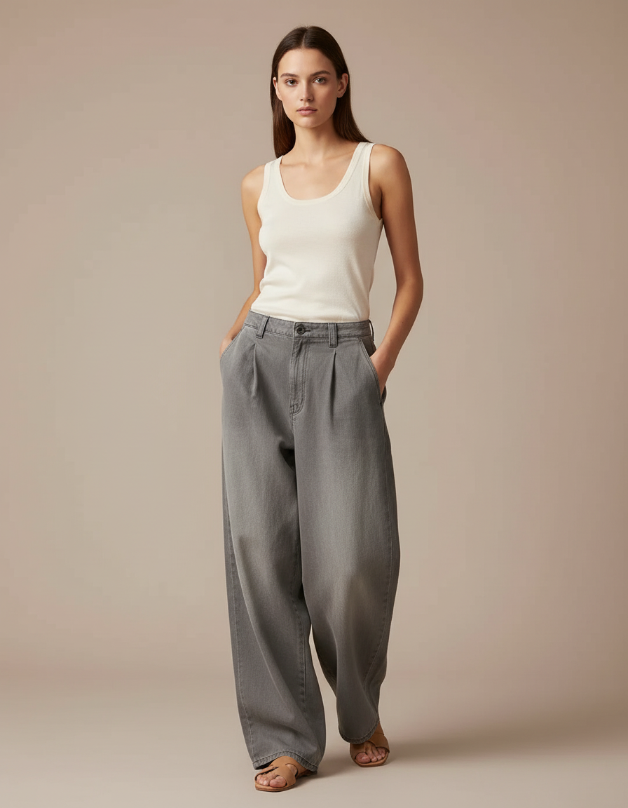 Pantalon Baggy Gris Délavé Ample Plissé Taille Haute - Jean
