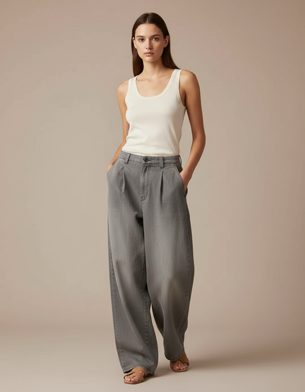 Pantalon Baggy Gris Délavé Ample Plissé Taille Haute - Jean