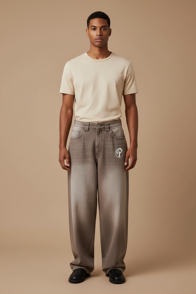 Pantalon Baggy Marron Délavé Ample Brodé Streetwear Homme - Jean