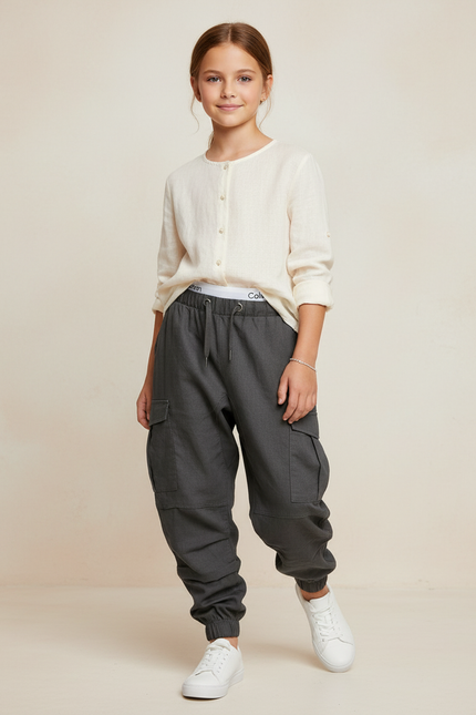 Pantalon Baggy Gris Cargo Ample Confortable Enfant - Coton
