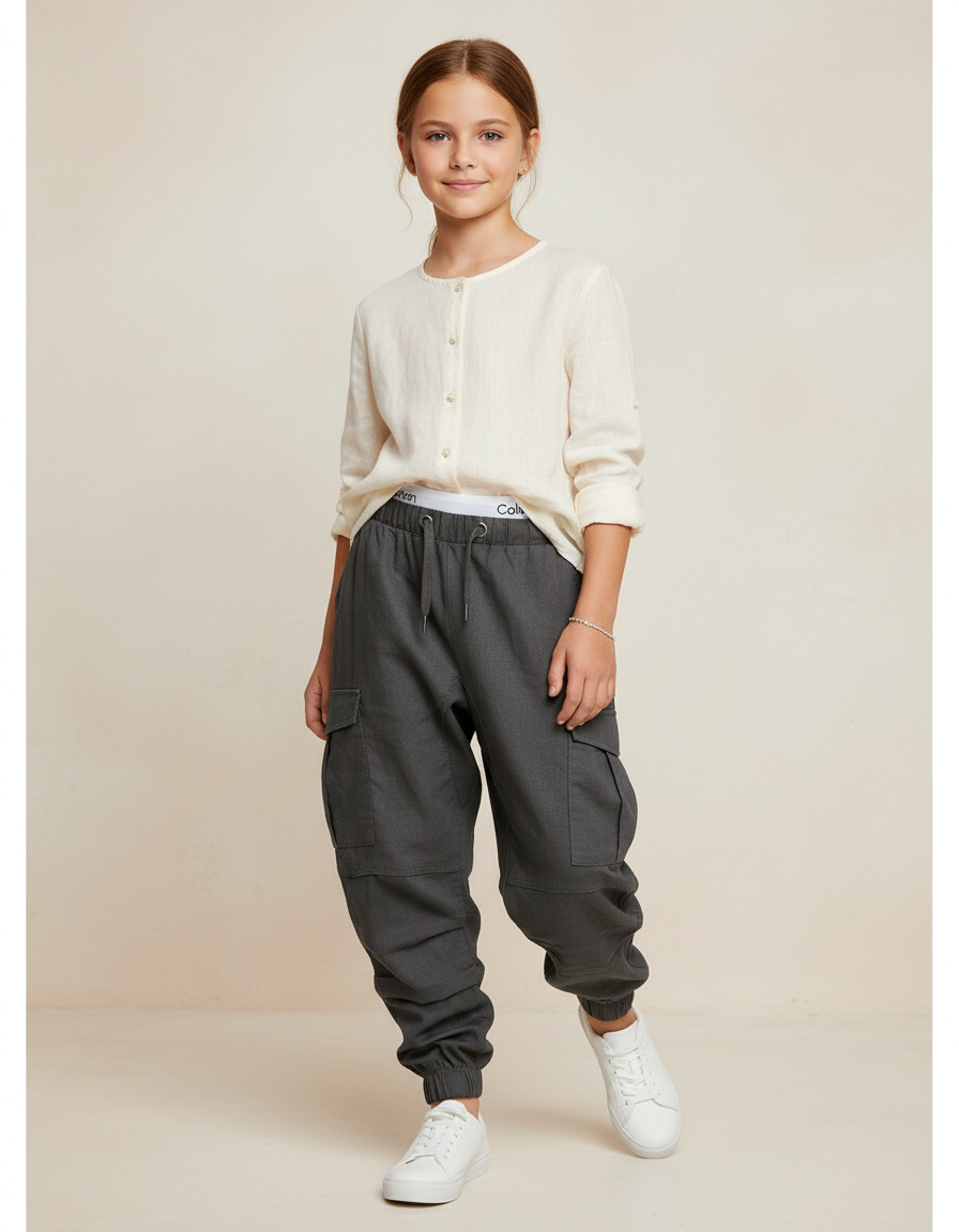 Pantalon Baggy Gris Cargo Ample Confortable Enfant - Coton