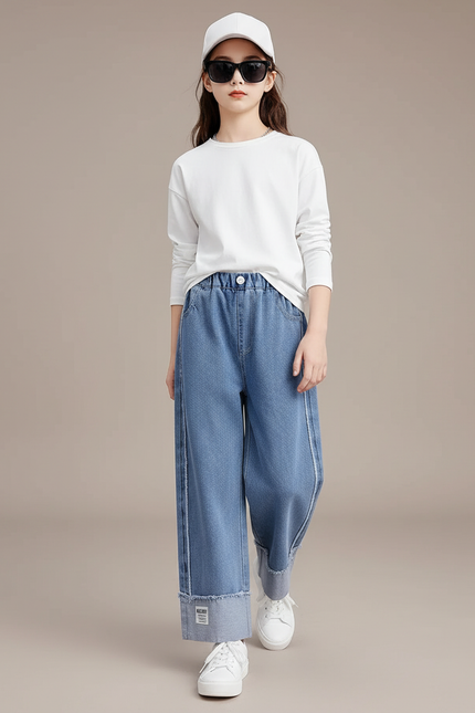 Pantalon Baggy Jean Denim Ample Décontracté Enfant Bleu