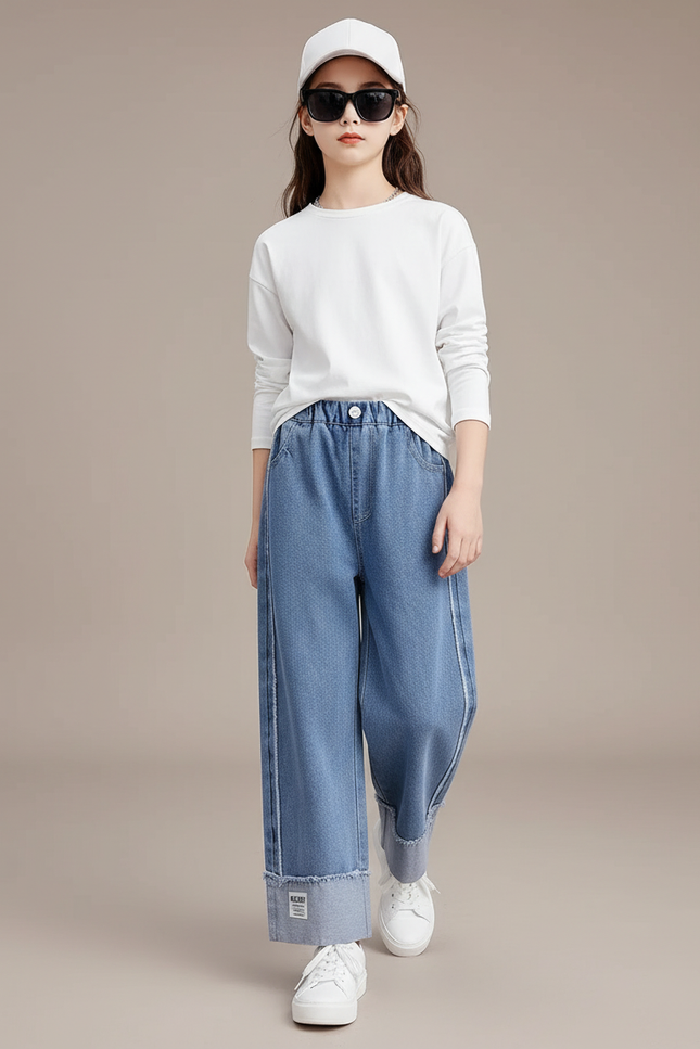 Pantalon Baggy Jean Denim Ample Décontracté Enfant Bleu