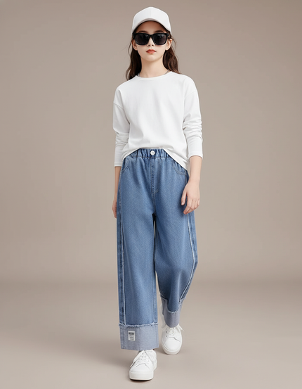 Pantalon Baggy Jean Denim Ample Décontracté Enfant Bleu