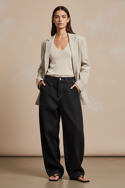 Pantalon Baggy Noir Ample Surpiqûres Femme - Jean