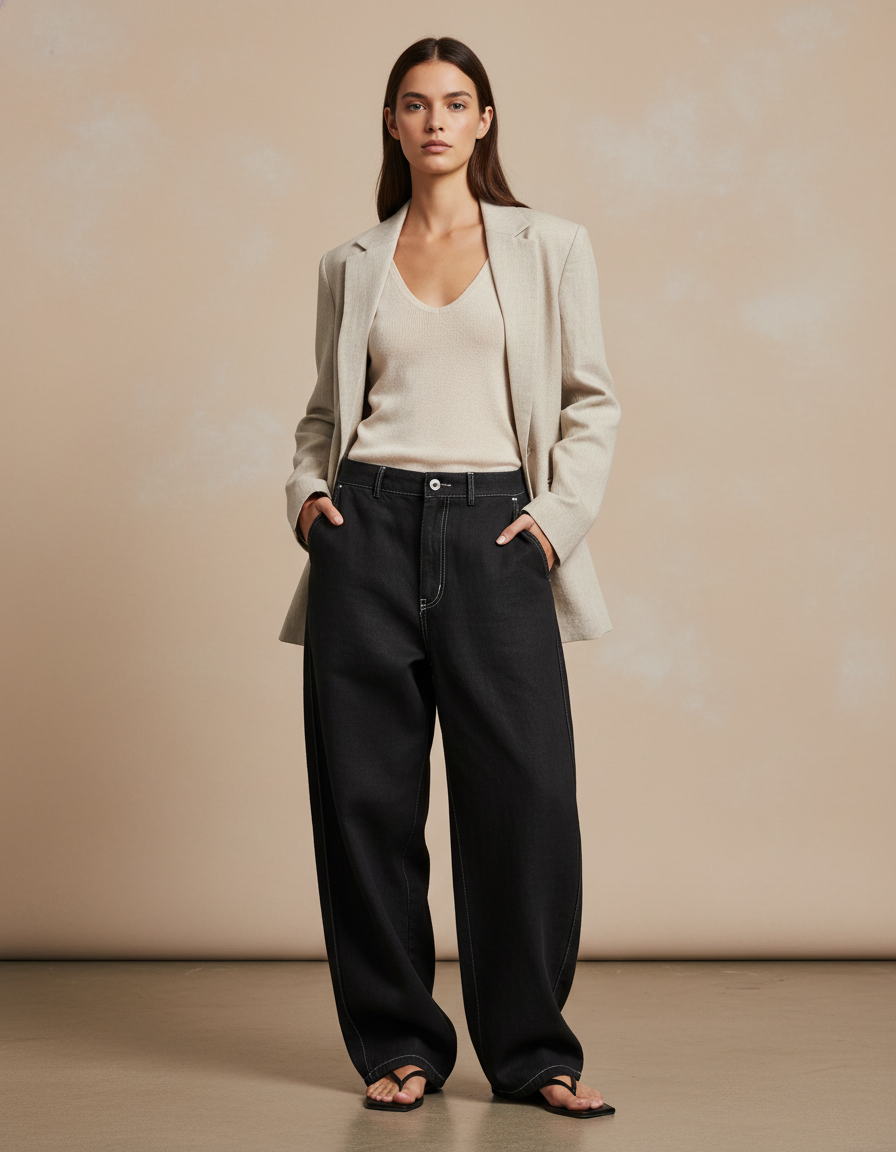 Pantalon Baggy Noir Ample Surpiqûres Femme - Jean