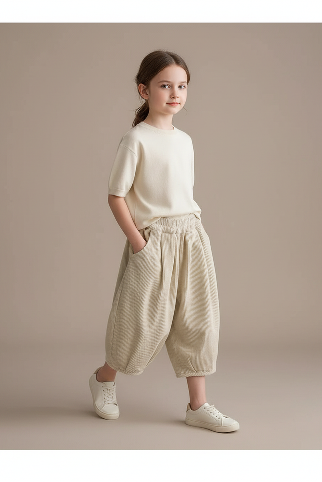 Pantalon Baggy Fille Beige Taille Élastique - Cordé