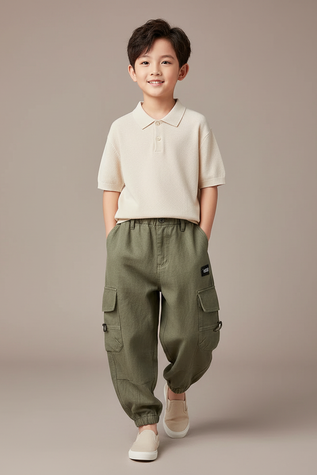 Pantalon Baggy Vert Kaki Cargo Ample Décontracté Garçon - Toile