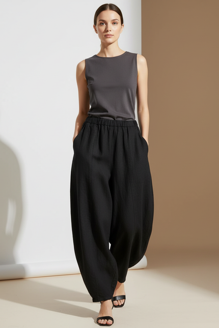 Pantalon Baggy Noir Ample Lin Élastique Femme