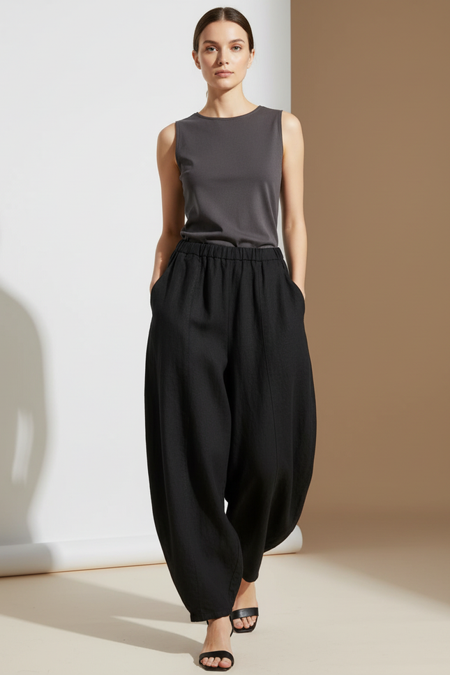 Pantalon Baggy Noir Ample Lin Élastique Femme