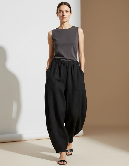 Pantalon Baggy Noir Ample Lin Élastique Femme