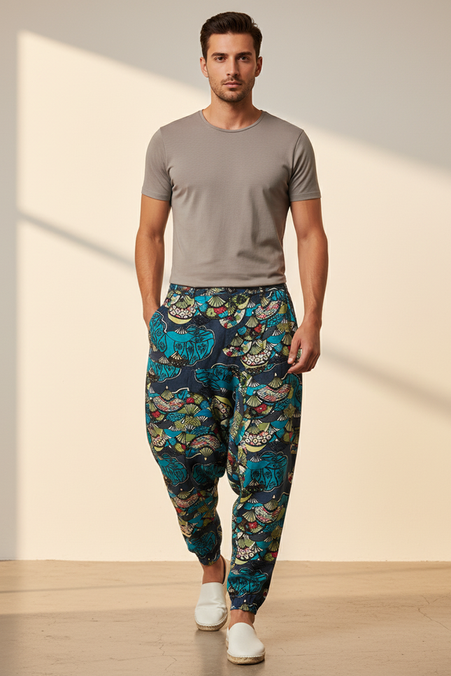 Pantalon Baggy Harem Coton Imprimé Floral Décontracté Homme - Multicolore