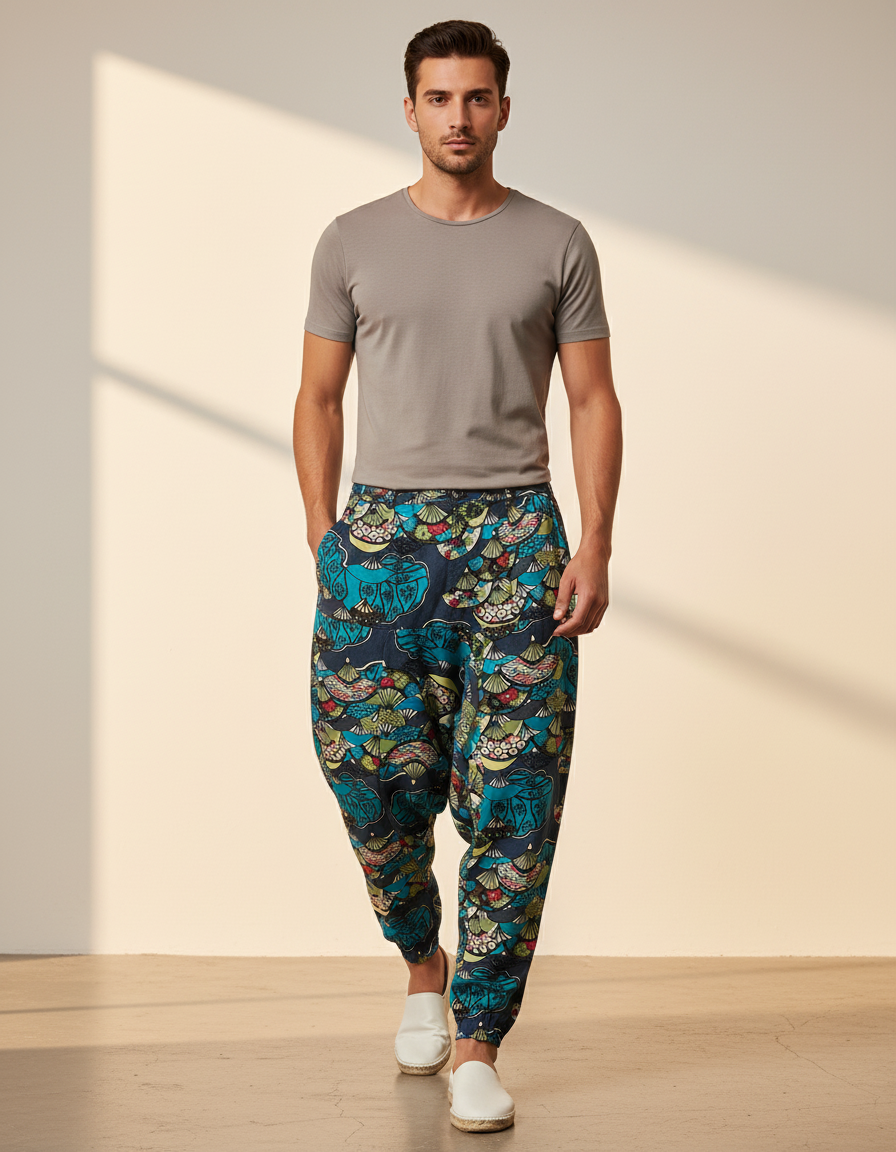 Pantalon Baggy Harem Coton Imprimé Floral Décontracté Homme - Multicolore