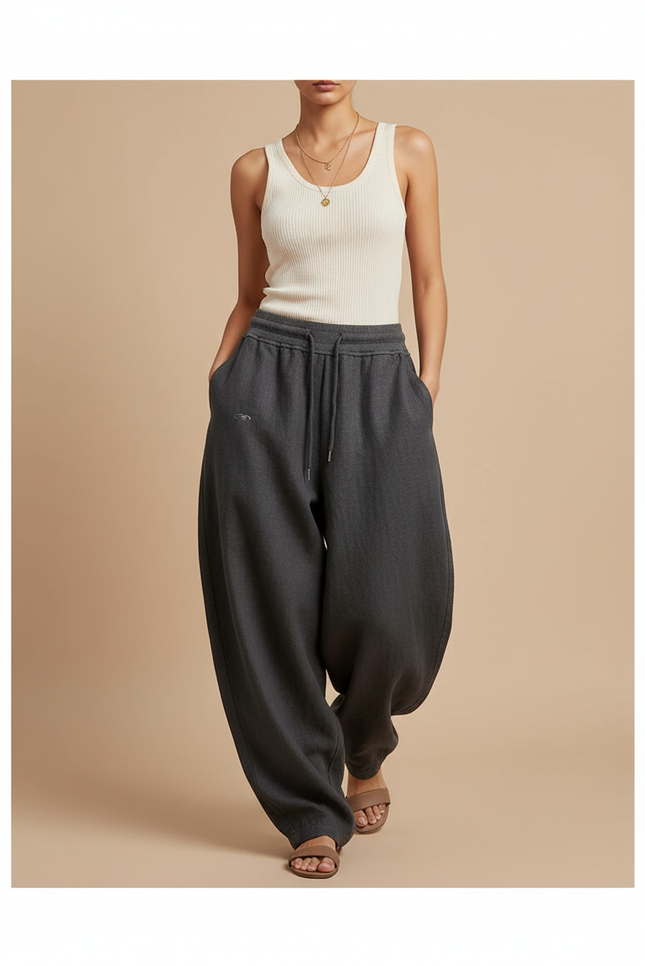 Pantalon Baggy Gris Coton Ample Cordon Décontracté Femme - Molleton