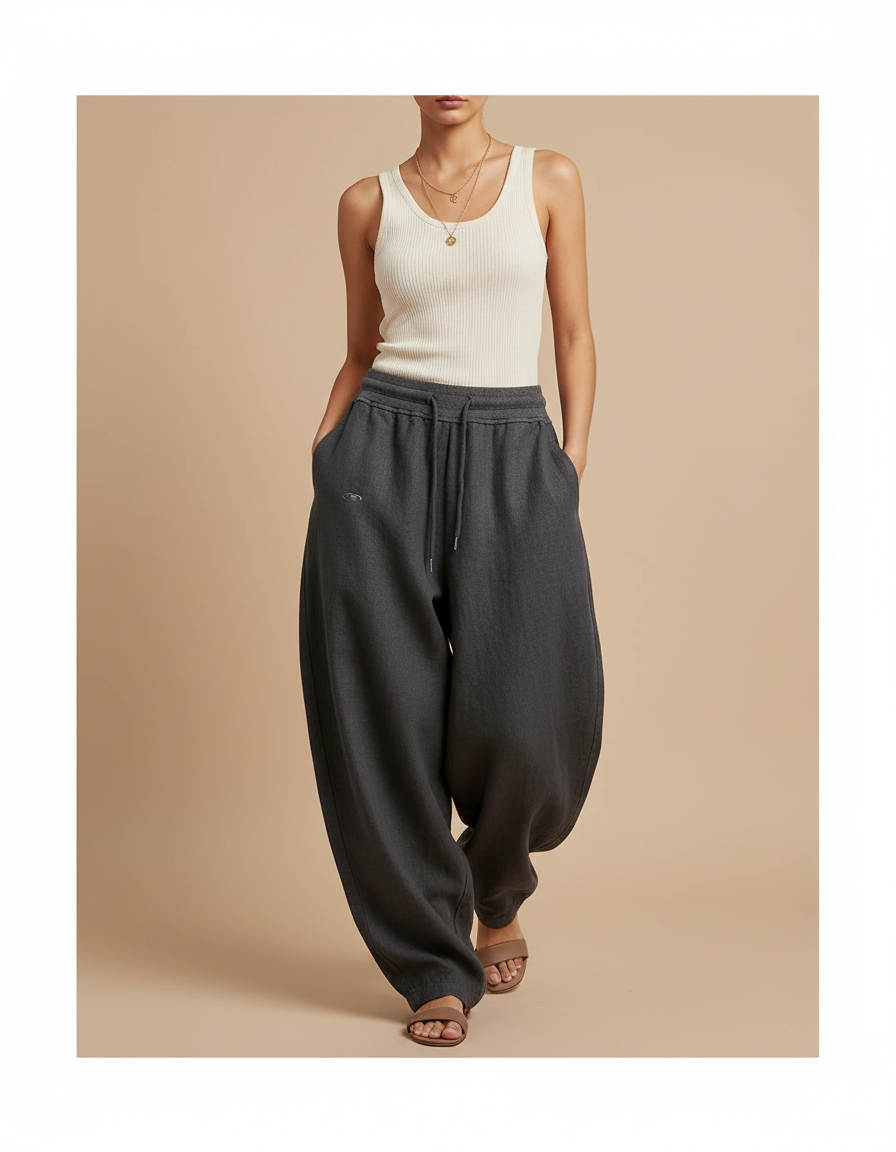 Pantalon Baggy Gris Coton Ample Cordon Décontracté Femme - Molleton