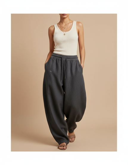 Pantalon Baggy Gris Coton Ample Cordon Décontracté Femme - Molleton