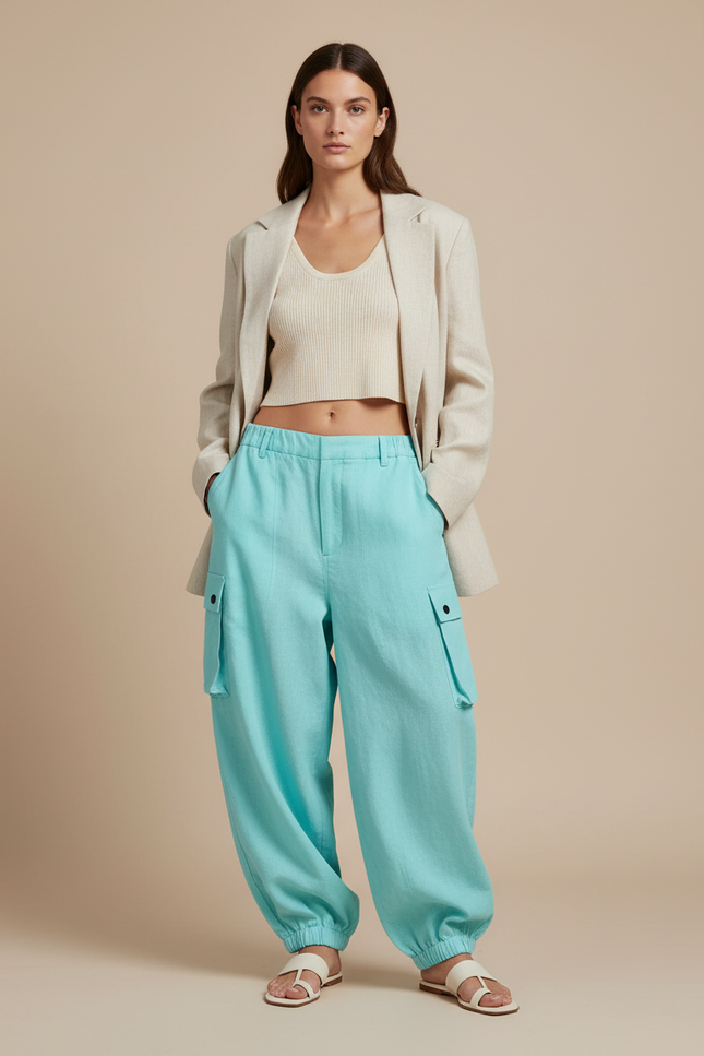 Pantalon Baggy Turquoise Ample Cargo Lin Élastiqué - Bleu