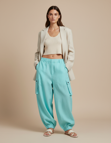 Pantalon Baggy Turquoise Ample Cargo Lin Élastiqué - Bleu