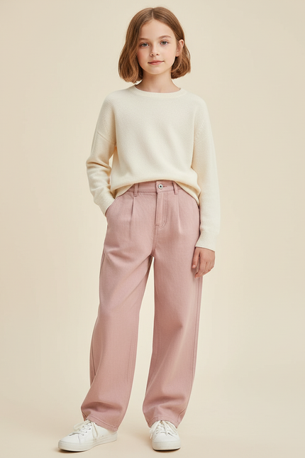 Pantalon Baggy Rose Taille Haute Ample Fille - Jean