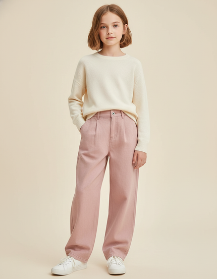 Pantalon Baggy Rose Taille Haute Ample Fille - Jean