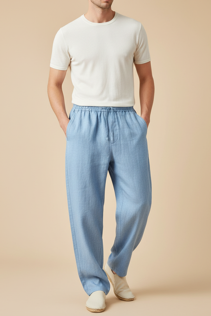 Pantalon Baggy Bleu Ciel Lin Ample Cordon Décontracté