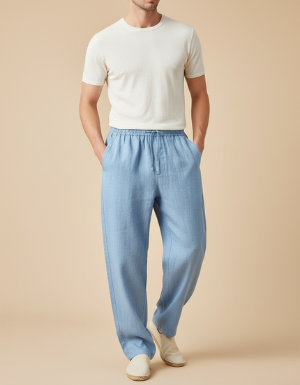 Pantalon Baggy Bleu Ciel Lin Ample Cordon Décontracté
