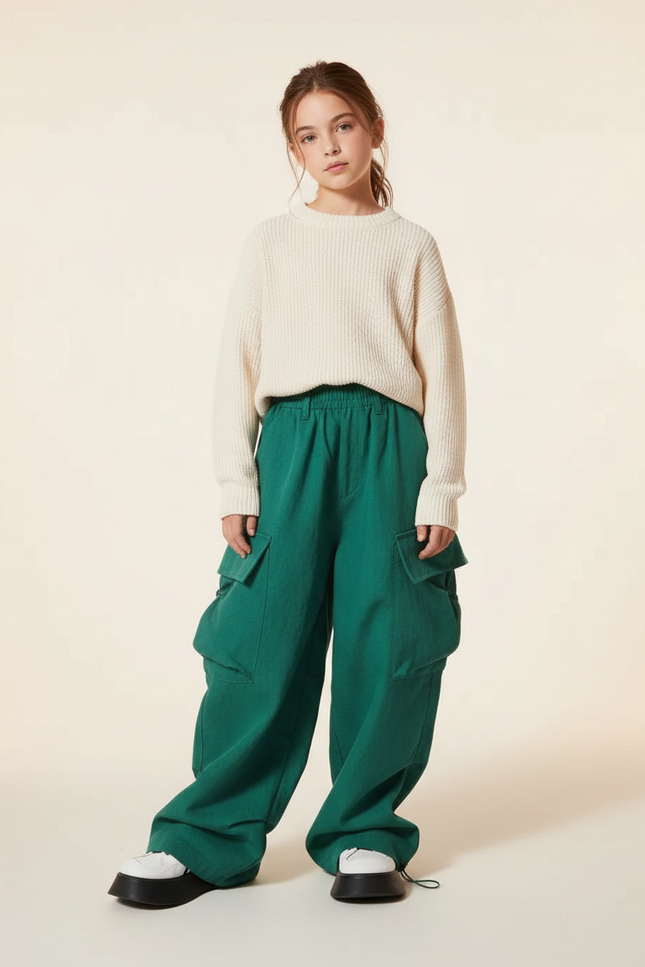 Pantalon Baggy Vert Cargo Ample Décontracté Fille - Coton